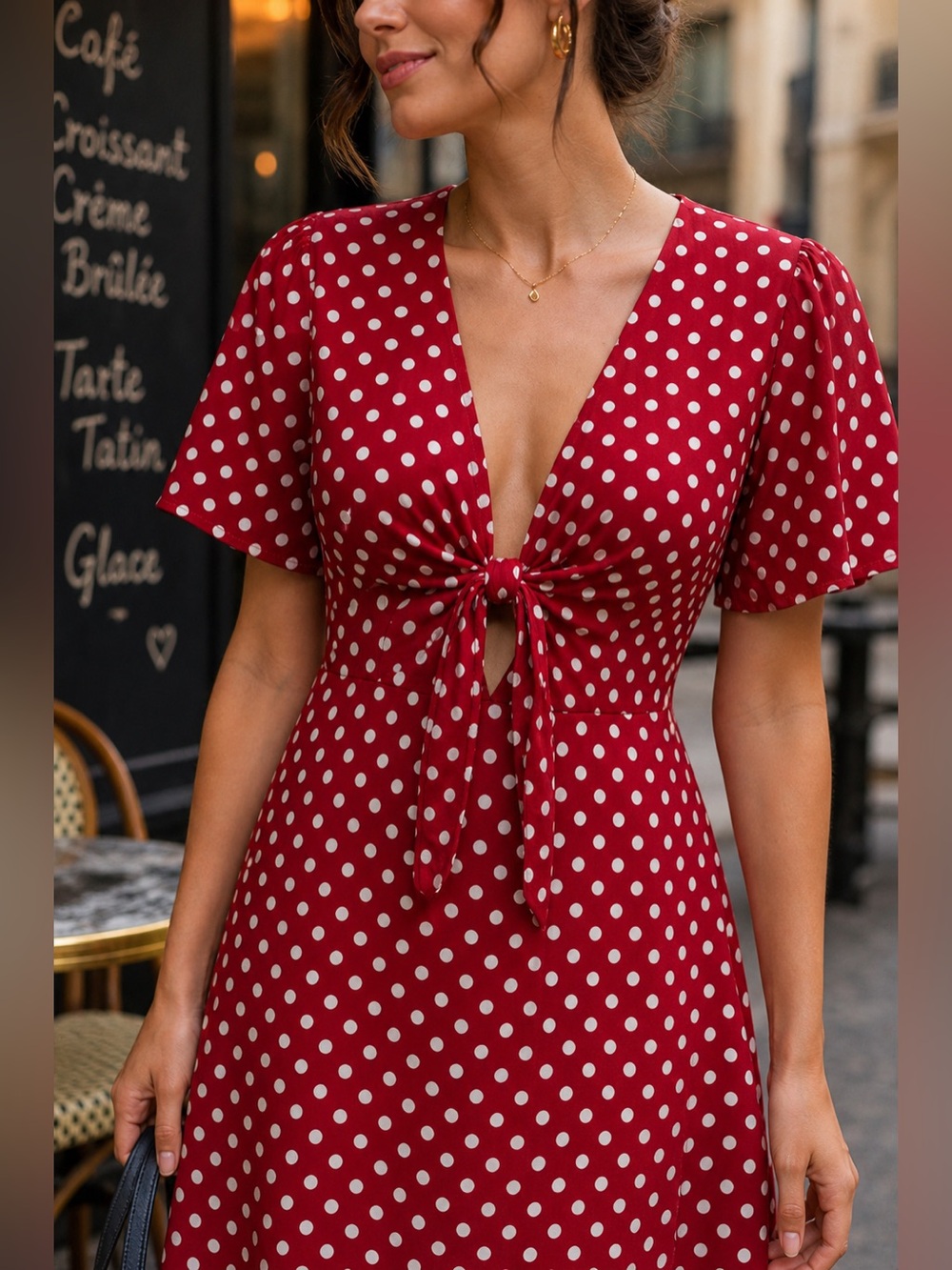 Boohoo Red Polka Dot Tie Front Midi Dress Retro Flowy UK 8 US 4 Coquette Cottage